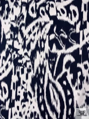 Abstract Ikat Printed Stretch Cotton Sateen - Navy / White