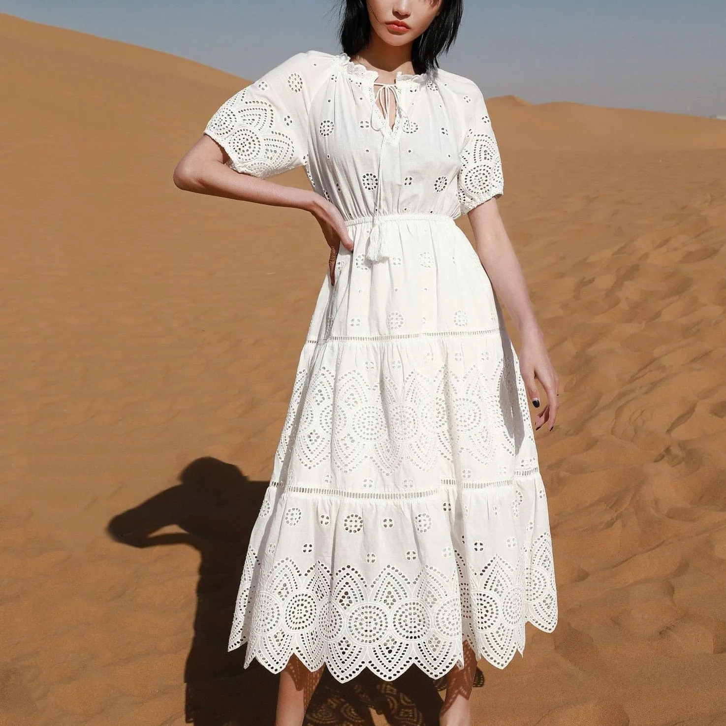 Cotton Floral Embroidery Lace Dress