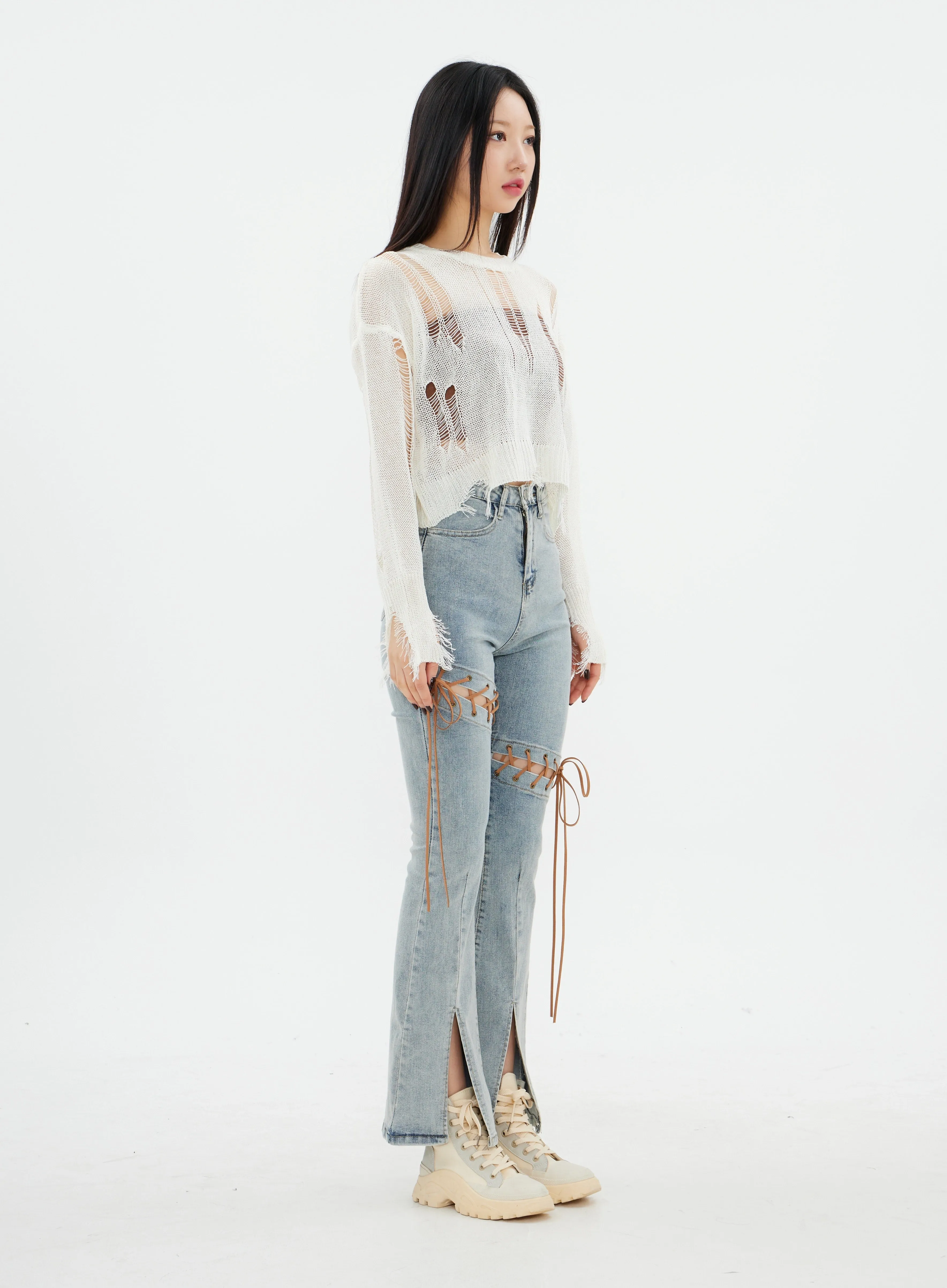 Distressed Cropped Knit Top K2302