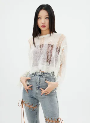 Distressed Cropped Knit Top K2302