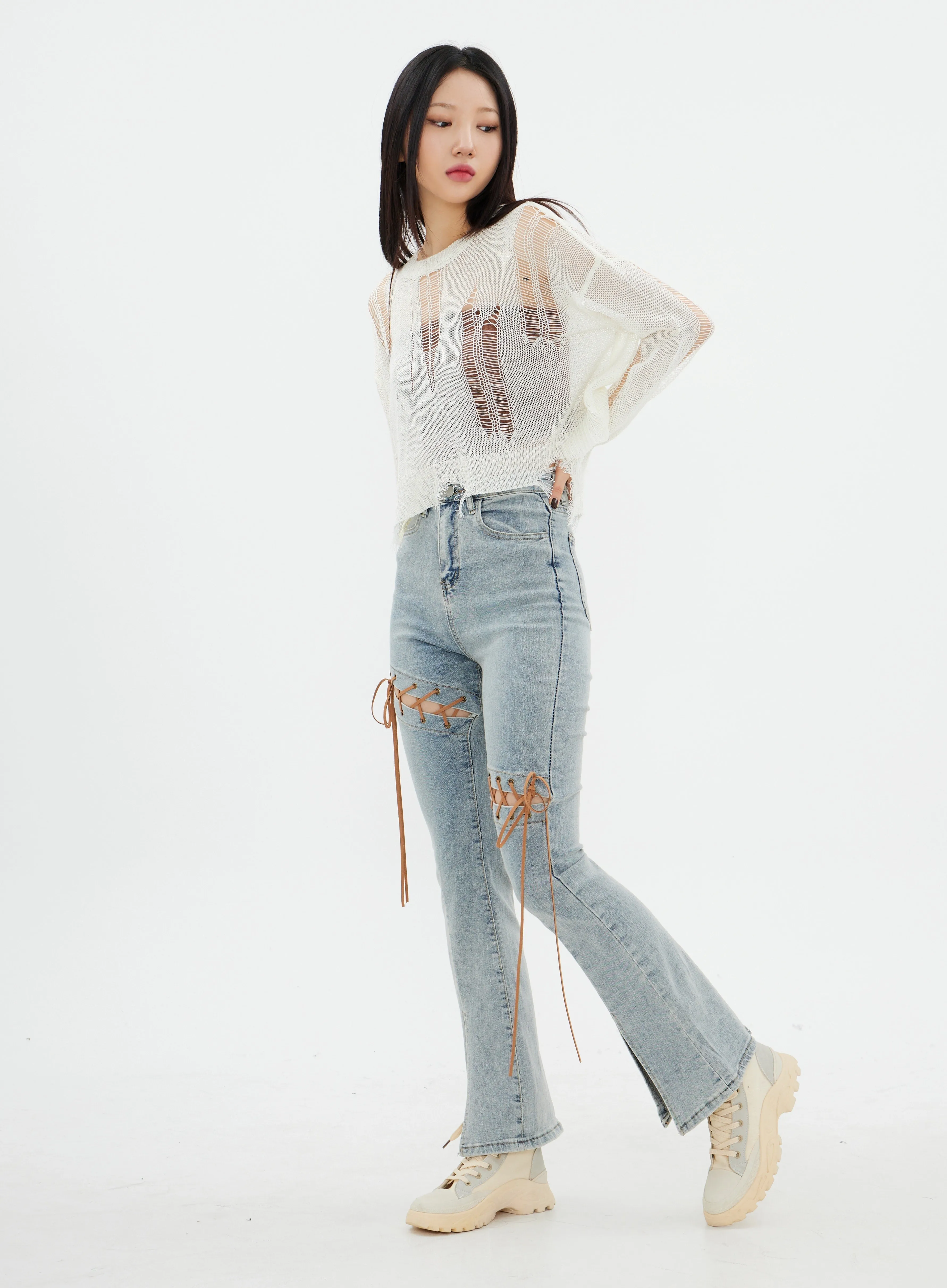 Distressed Cropped Knit Top K2302