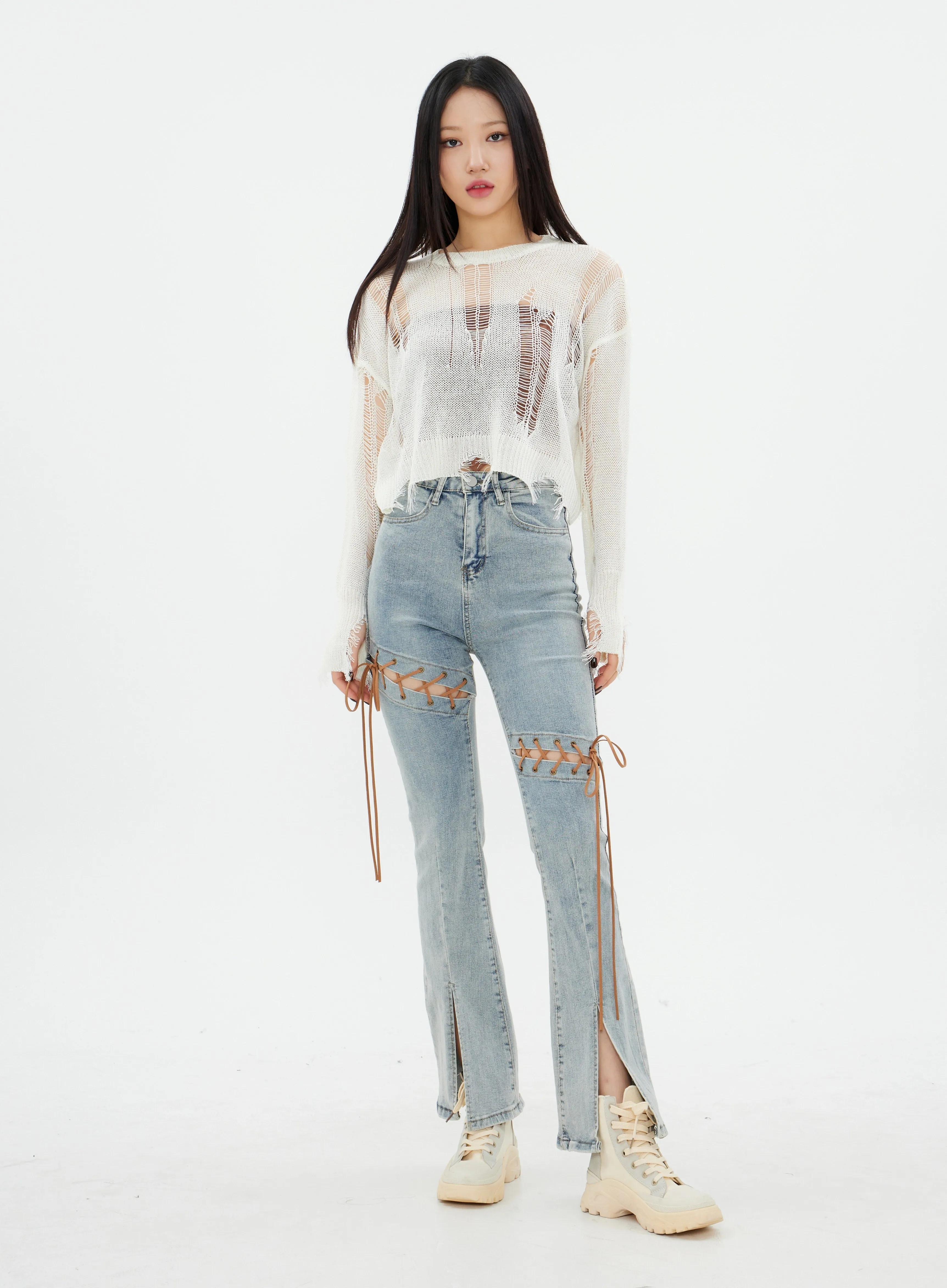 Distressed Cropped Knit Top K2302