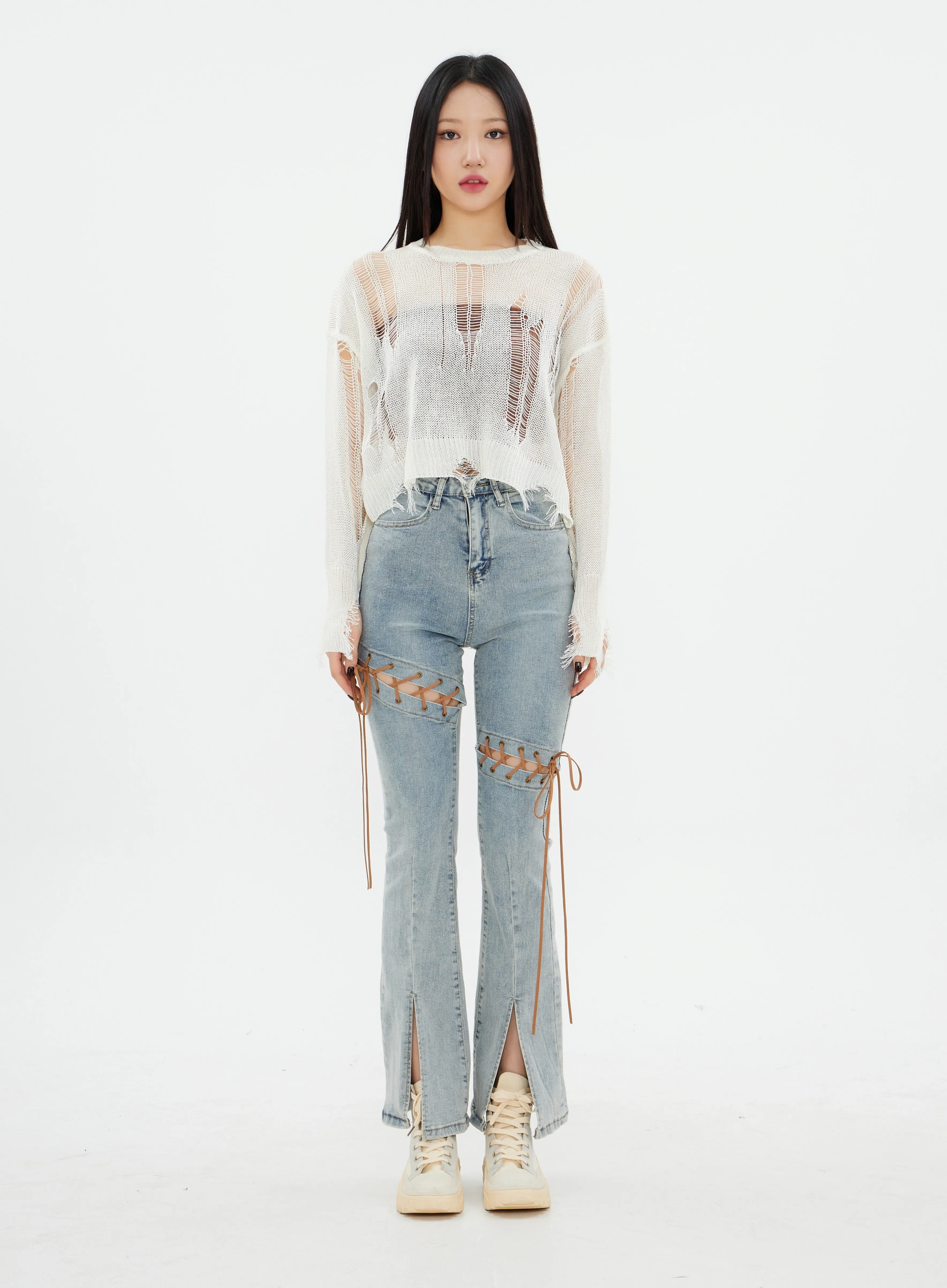 Distressed Cropped Knit Top K2302