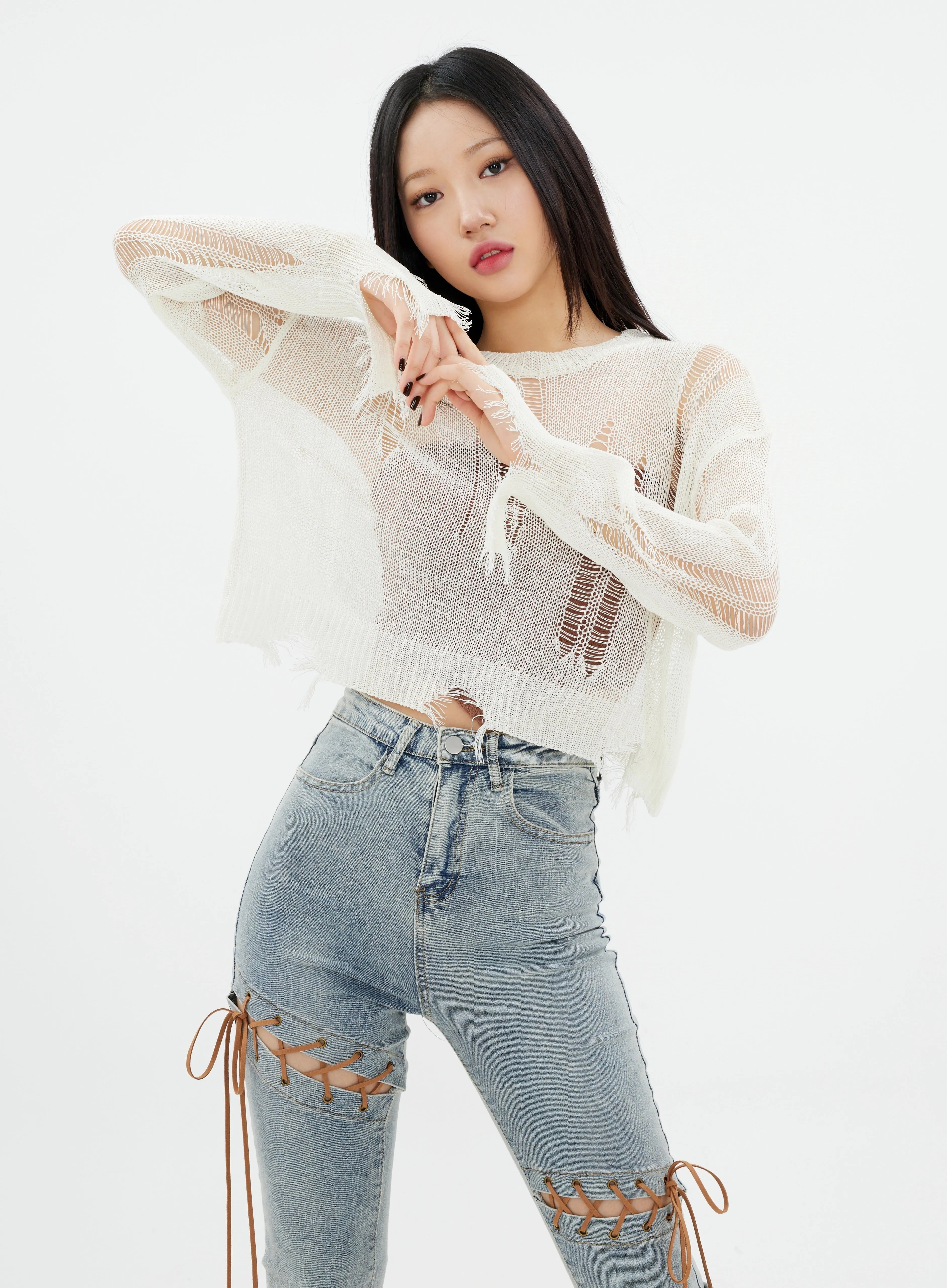 Distressed Cropped Knit Top K2302