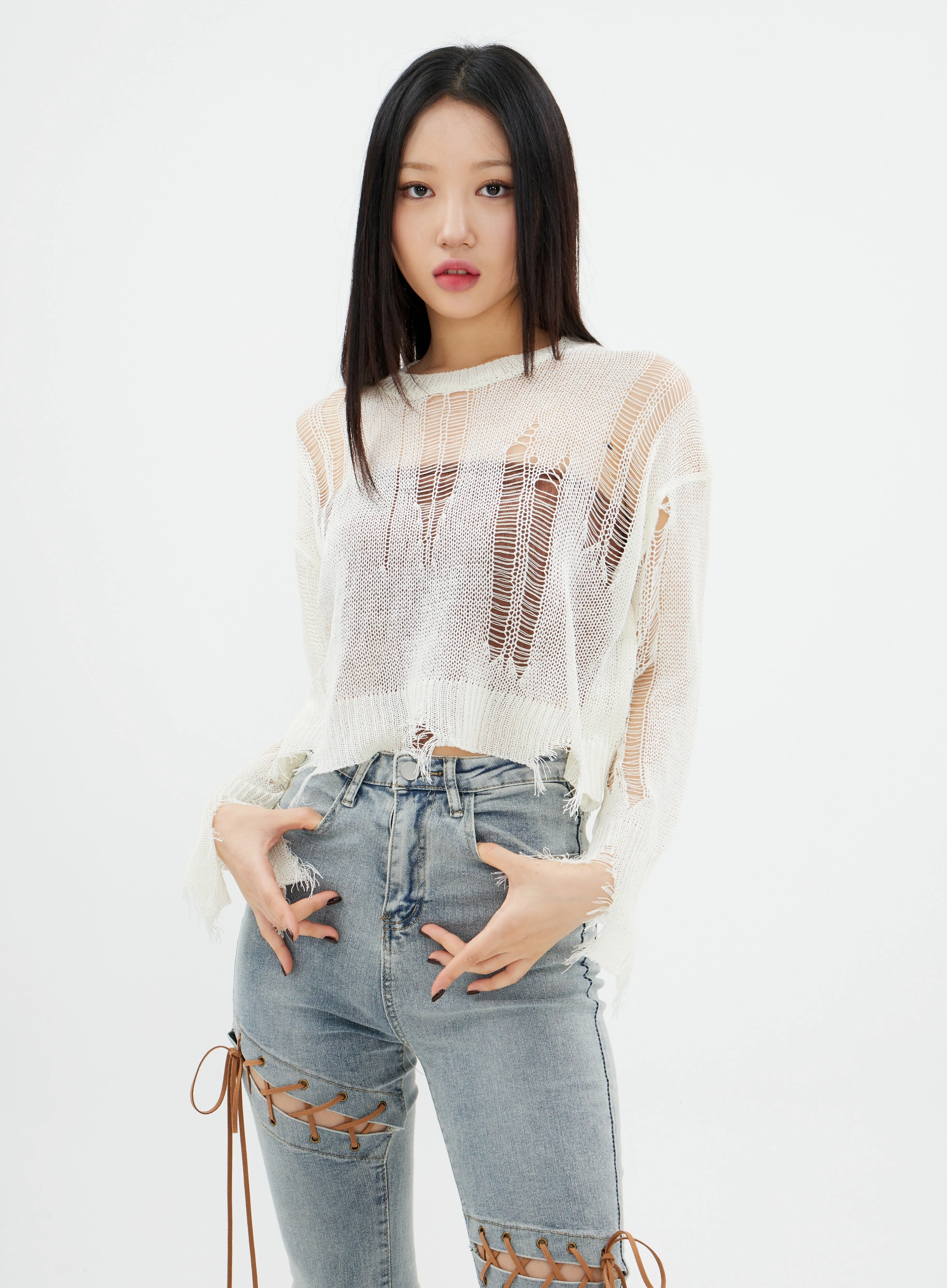 Distressed Cropped Knit Top K2302