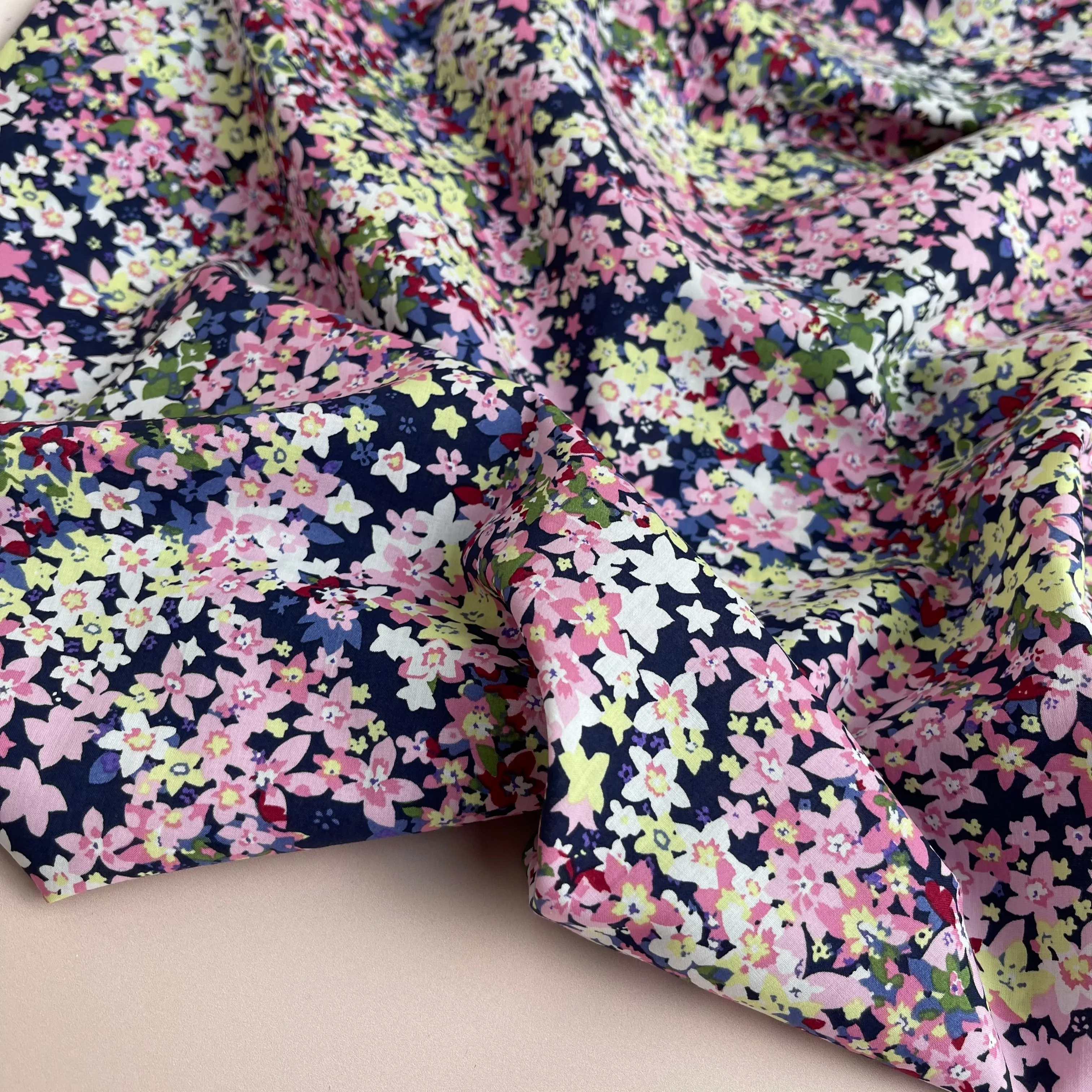 Ditsy Meadow Pink on Navy Cotton Lawn Fabric