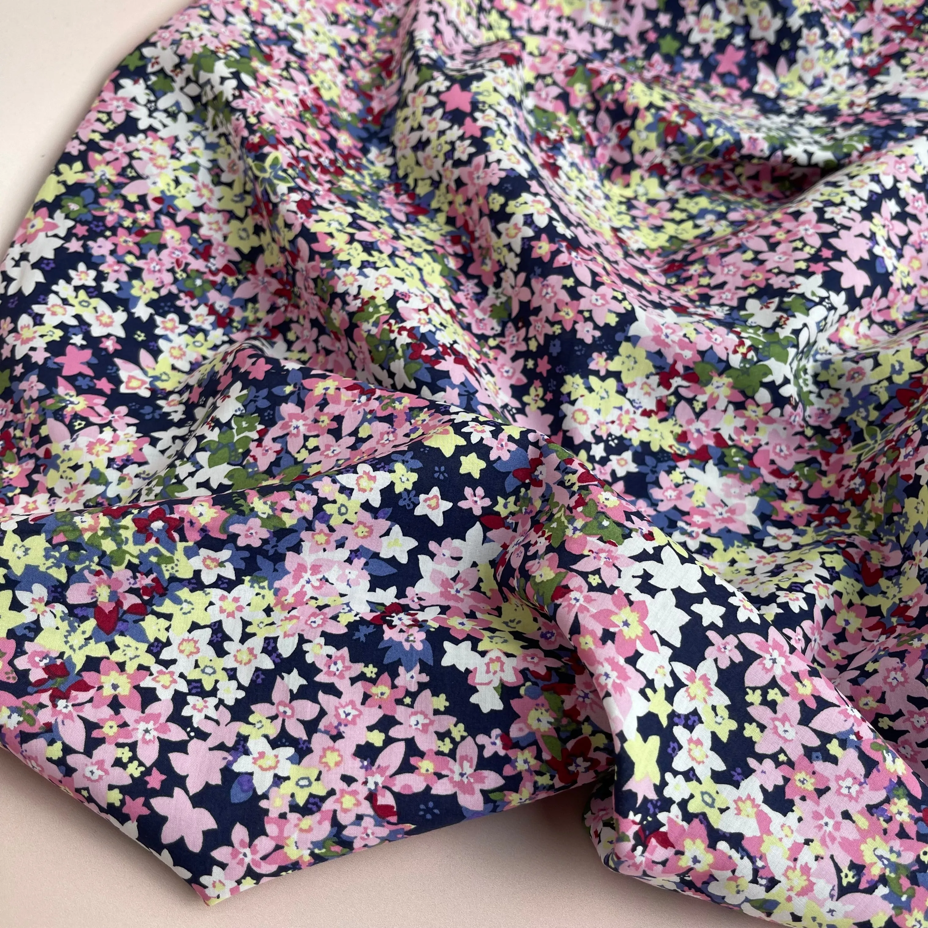 Ditsy Meadow Pink on Navy Cotton Lawn Fabric