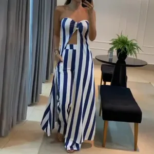 Fashion Striped Sexy Crop Top Skort Suit