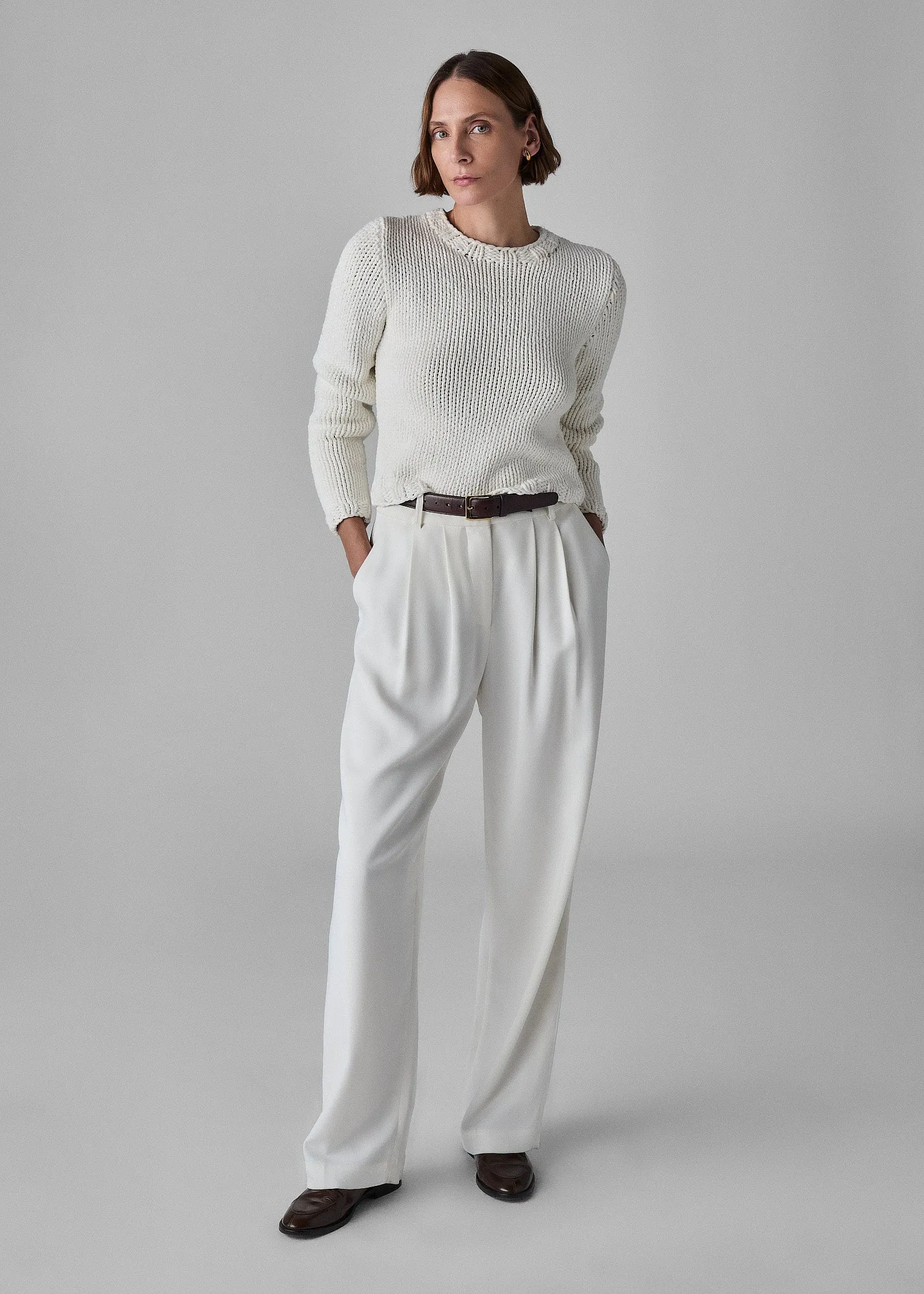 Handknit Crew Sweater in Cotton - White