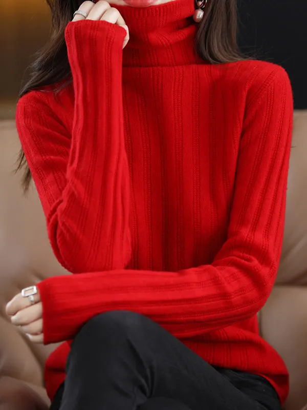 Long Sleeves Skinny Keep Warm Solid Color High Neck Pullovers Sweater Tops