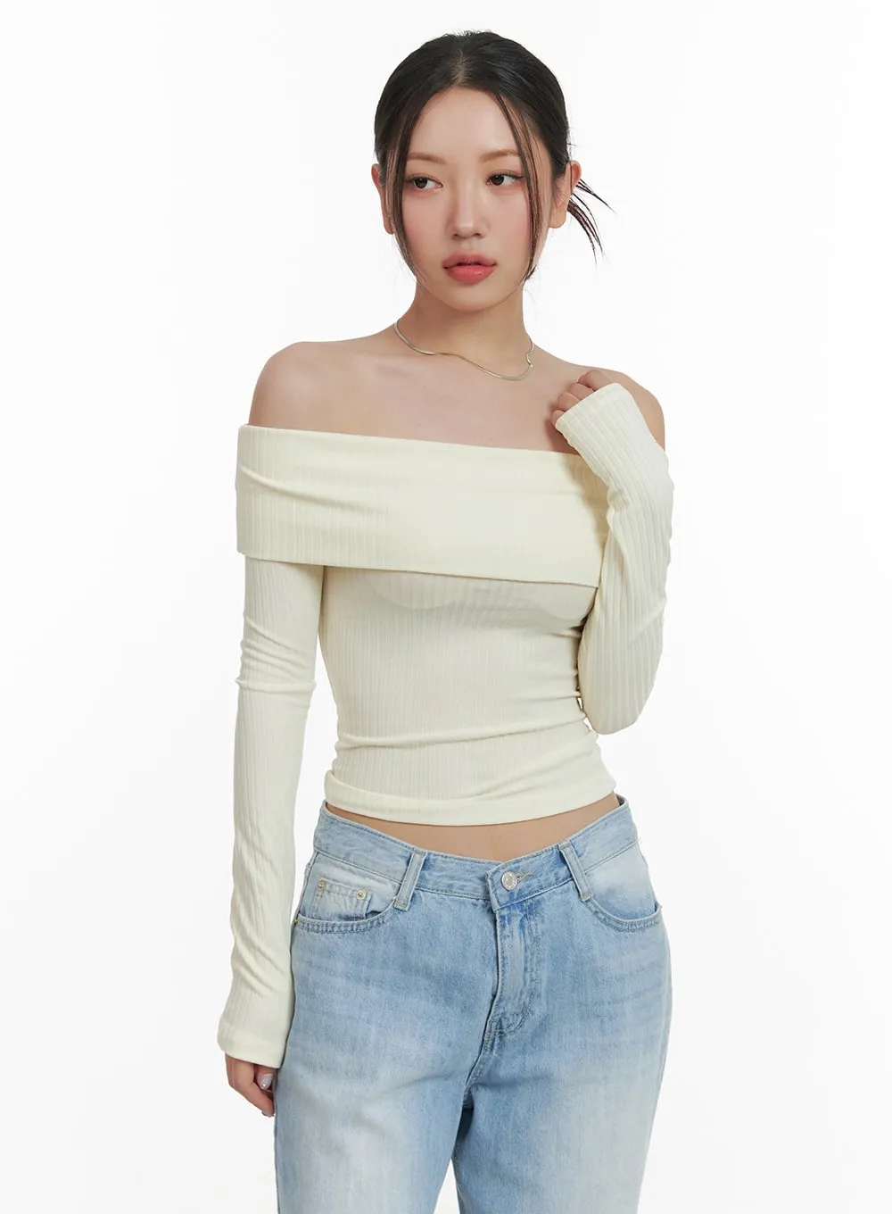 Off Shoulder Long Sleeve Crop Top CA416