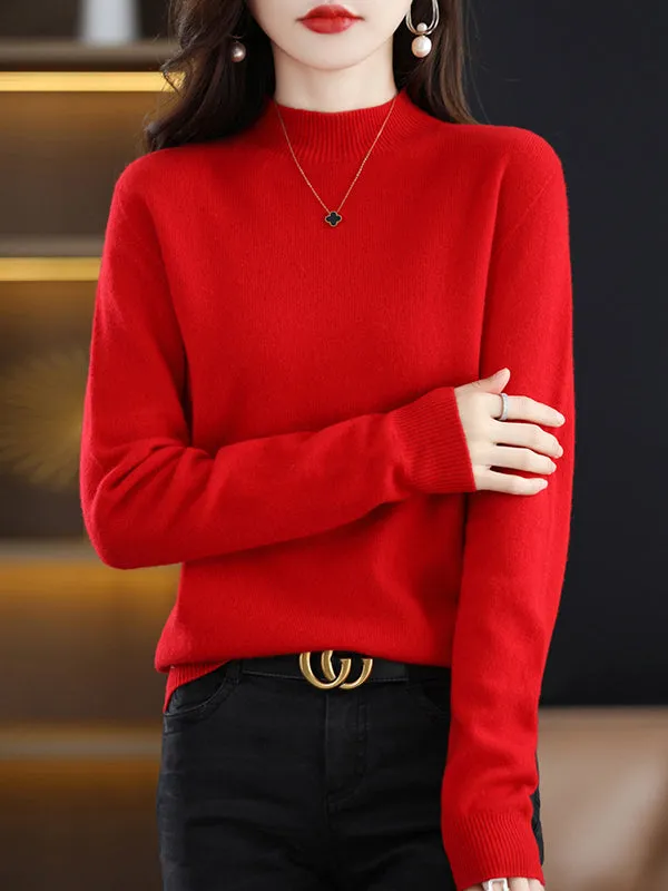 Office Long Sleeves Solid Color High-Neck Sweater Tops Pullovers