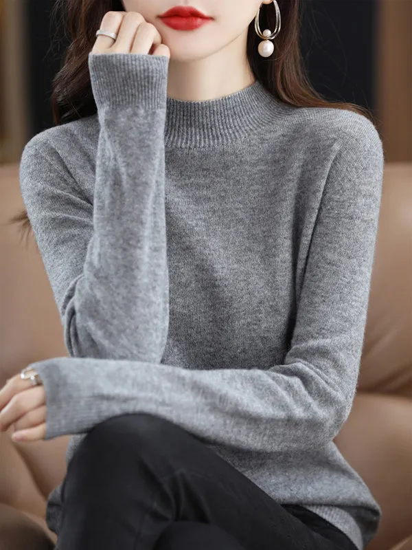 Office Long Sleeves Solid Color High-Neck Sweater Tops Pullovers