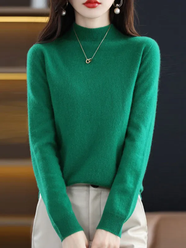 Office Long Sleeves Solid Color High-Neck Sweater Tops Pullovers