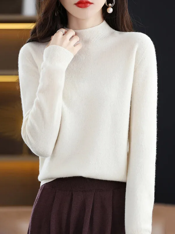 Office Long Sleeves Solid Color High-Neck Sweater Tops Pullovers