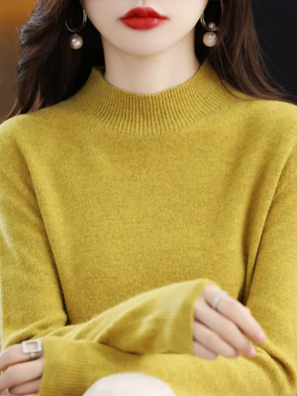 Office Long Sleeves Solid Color High-Neck Sweater Tops Pullovers