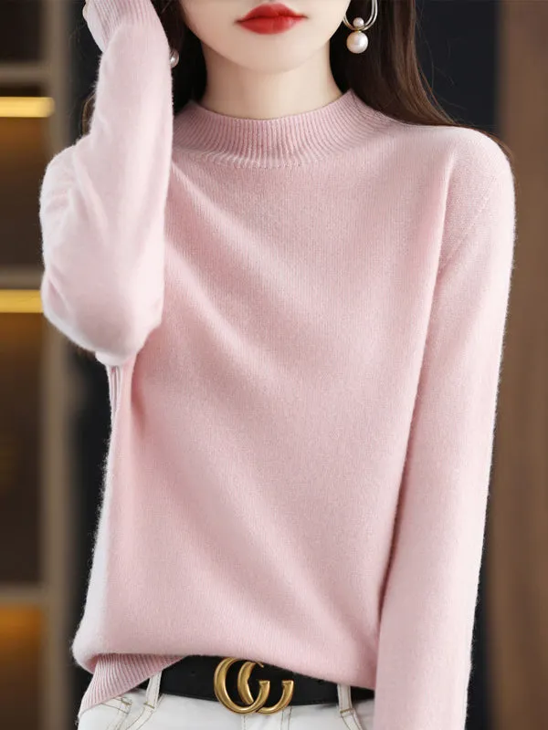 Office Long Sleeves Solid Color High-Neck Sweater Tops Pullovers