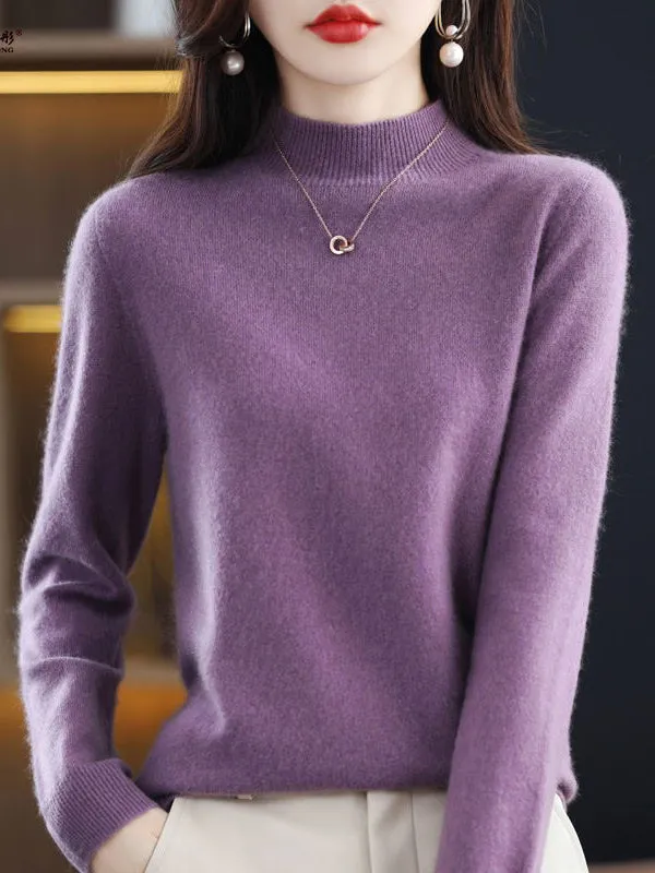 Office Long Sleeves Solid Color High-Neck Sweater Tops Pullovers