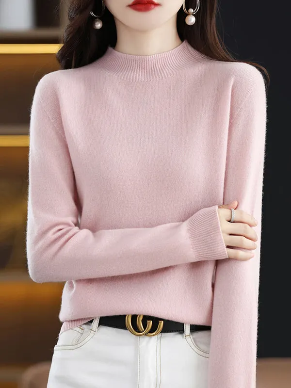 Office Long Sleeves Solid Color High-Neck Sweater Tops Pullovers