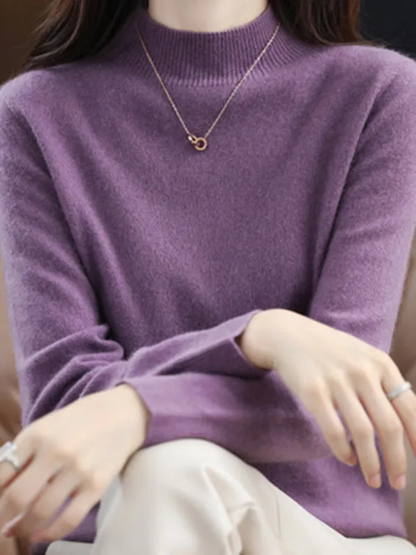 Office Long Sleeves Solid Color High-Neck Sweater Tops Pullovers