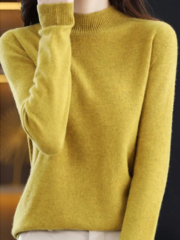 Office Long Sleeves Solid Color High-Neck Sweater Tops Pullovers