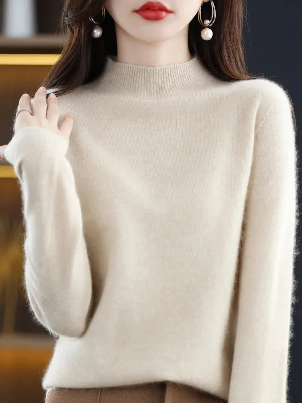 Office Long Sleeves Solid Color High-Neck Sweater Tops Pullovers