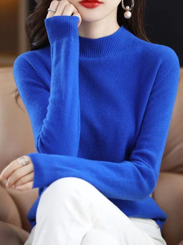 Office Long Sleeves Solid Color High-Neck Sweater Tops Pullovers