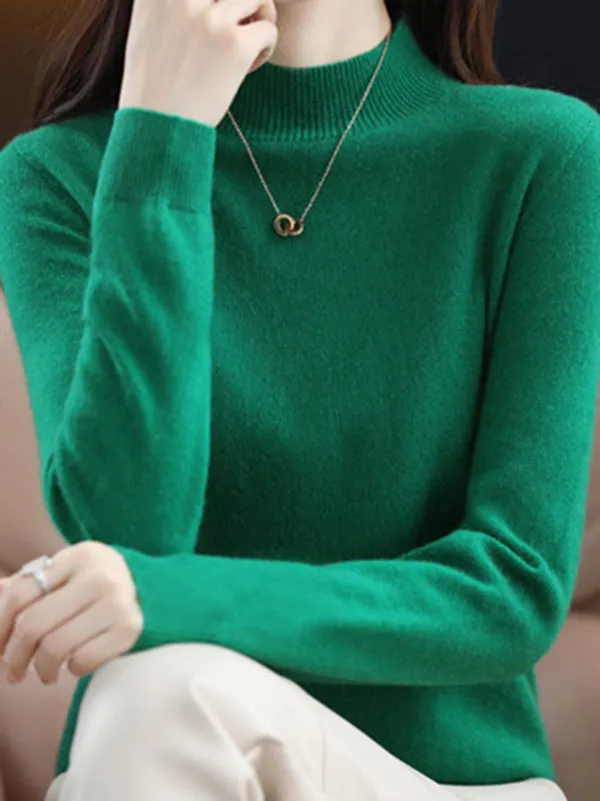 Office Long Sleeves Solid Color High-Neck Sweater Tops Pullovers