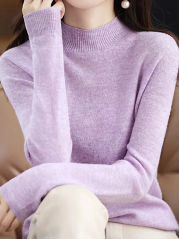 Office Long Sleeves Solid Color High-Neck Sweater Tops Pullovers