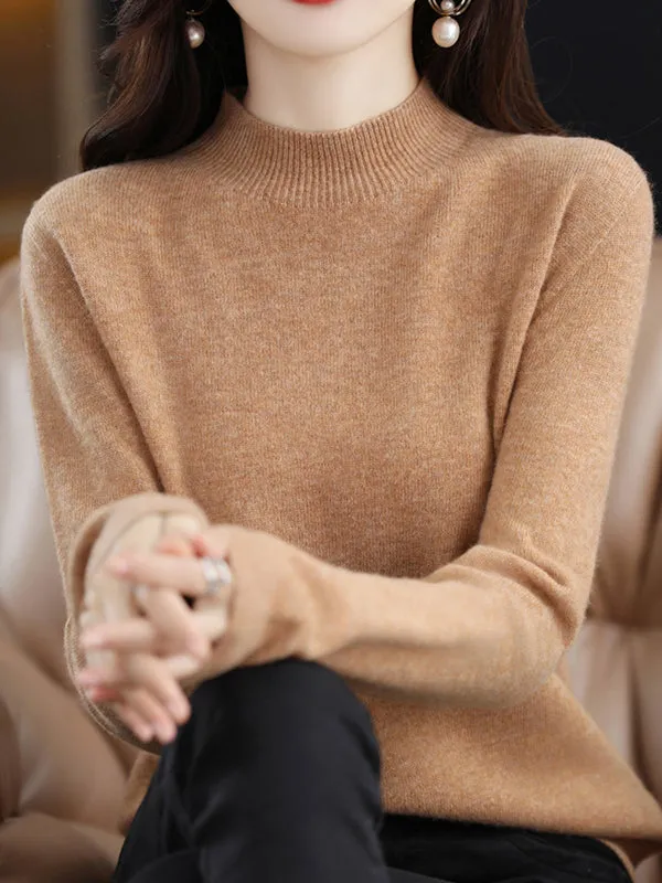 Office Long Sleeves Solid Color High-Neck Sweater Tops Pullovers