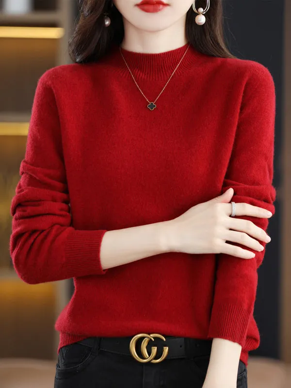 Office Long Sleeves Solid Color High-Neck Sweater Tops Pullovers