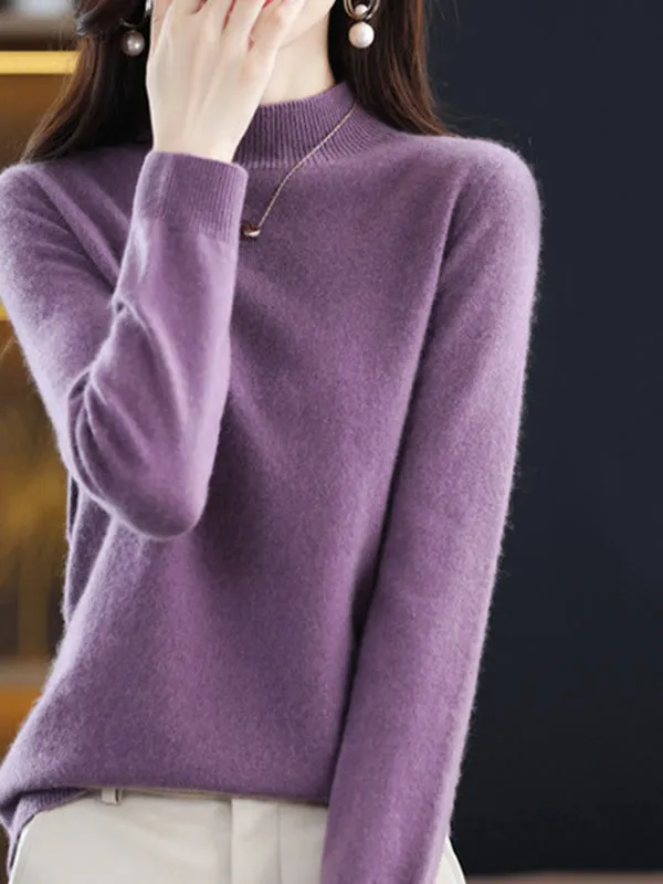 Office Long Sleeves Solid Color High-Neck Sweater Tops Pullovers