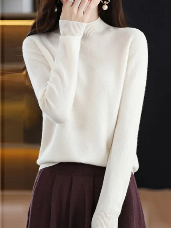 Office Long Sleeves Solid Color High-Neck Sweater Tops Pullovers