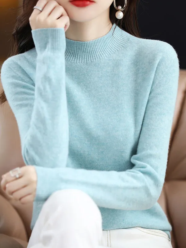 Office Long Sleeves Solid Color High-Neck Sweater Tops Pullovers