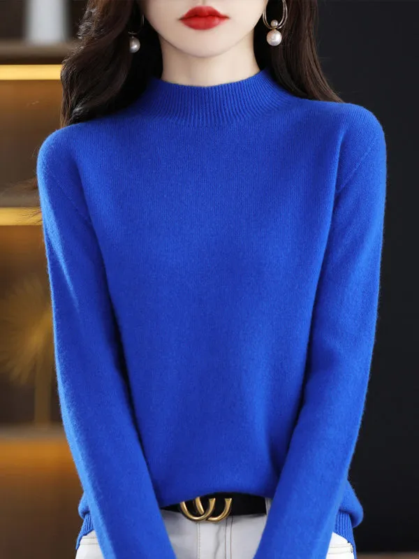 Office Long Sleeves Solid Color High-Neck Sweater Tops Pullovers