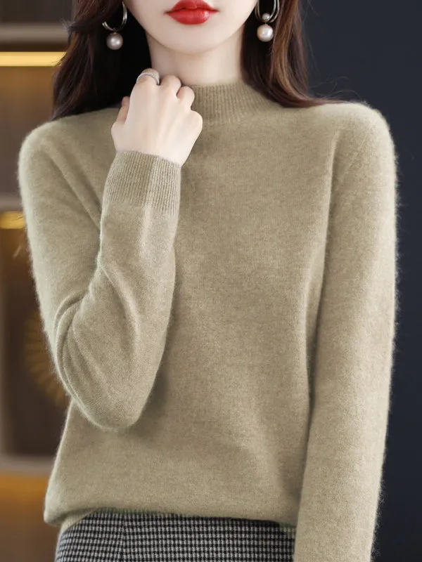 Office Long Sleeves Solid Color High-Neck Sweater Tops Pullovers