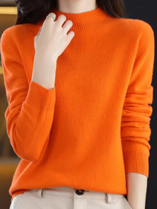 Office Long Sleeves Solid Color High-Neck Sweater Tops Pullovers