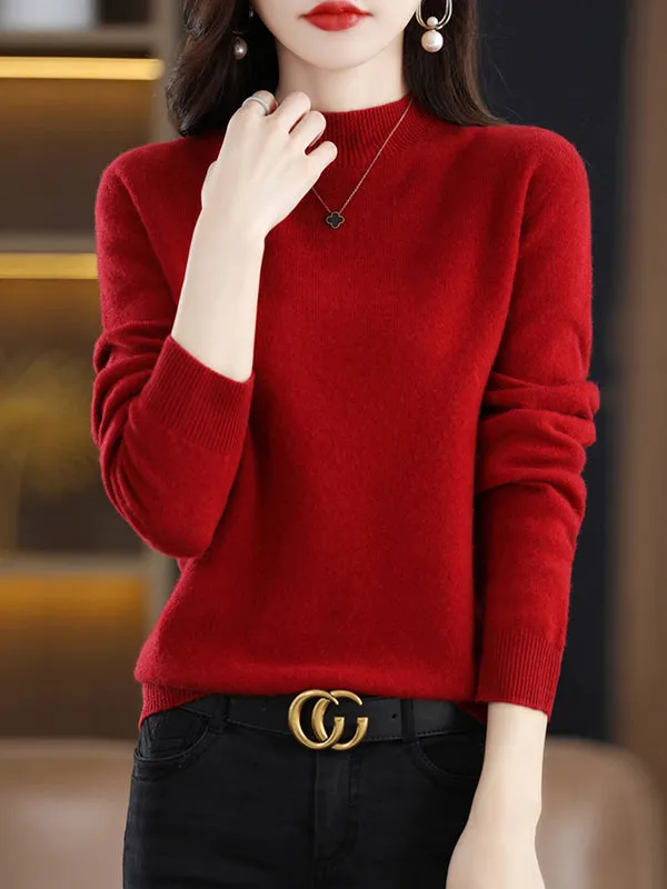 Office Long Sleeves Solid Color High-Neck Sweater Tops Pullovers