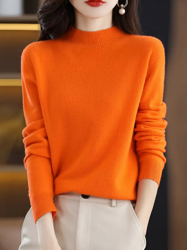 Office Long Sleeves Solid Color High-Neck Sweater Tops Pullovers