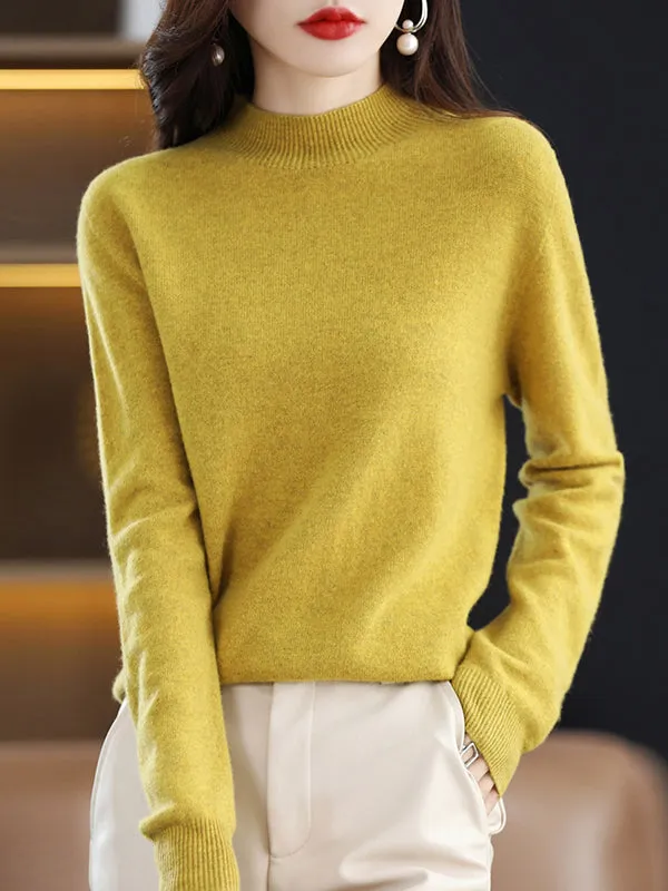 Office Long Sleeves Solid Color High-Neck Sweater Tops Pullovers