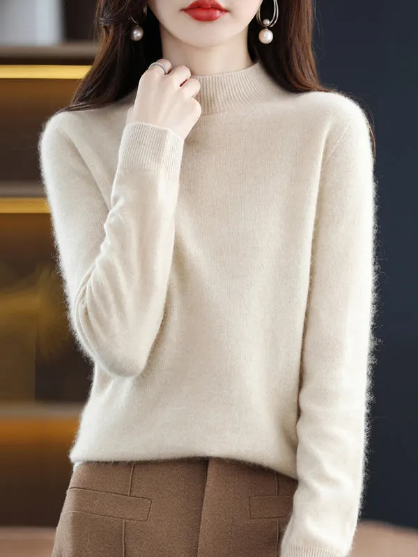 Office Long Sleeves Solid Color High-Neck Sweater Tops Pullovers