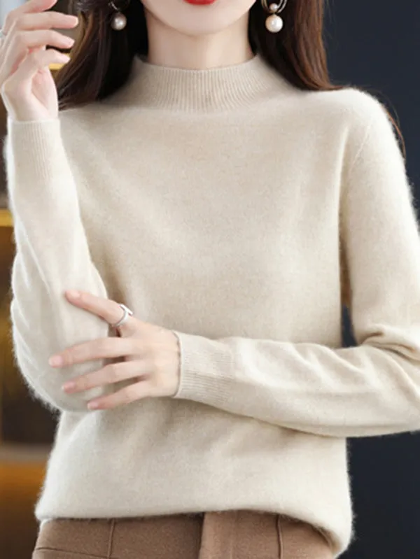 Office Long Sleeves Solid Color High-Neck Sweater Tops Pullovers