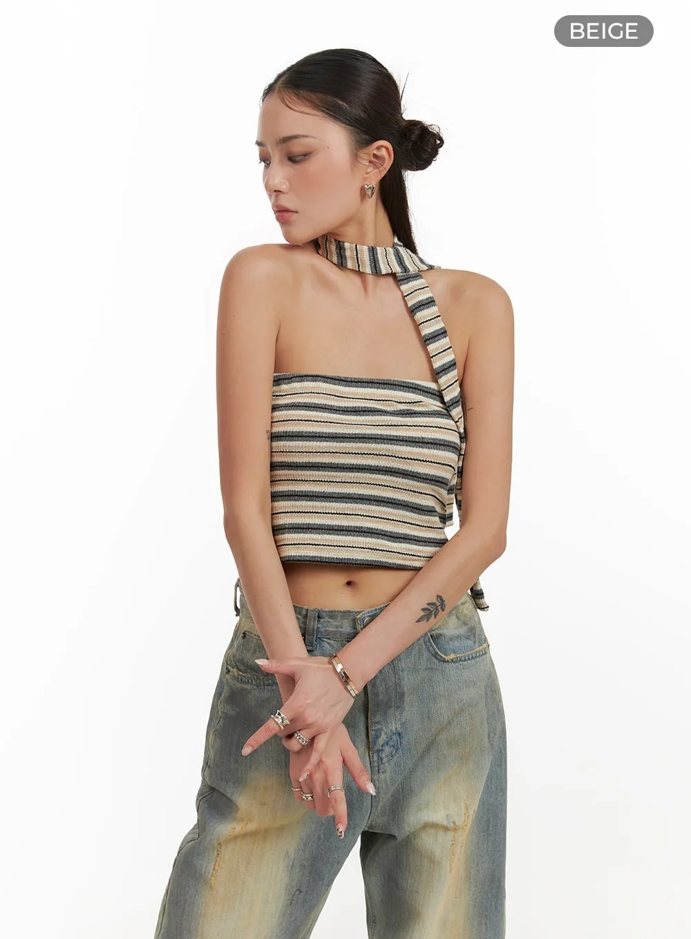 Striped Crop Tube Top with Scarf CY402