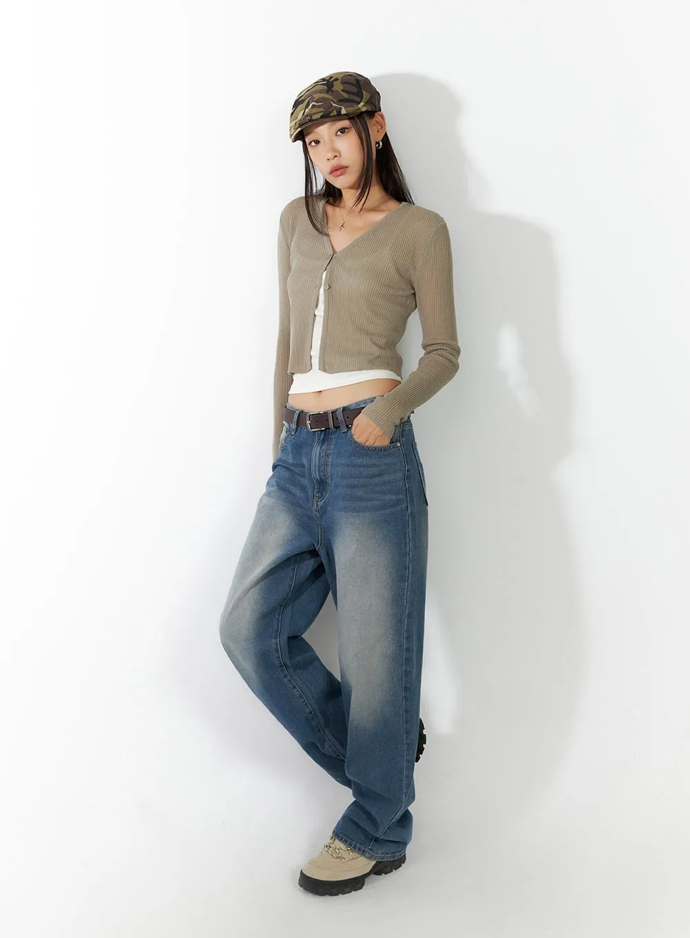 Washed Low Rise Baggy Jeans IL409